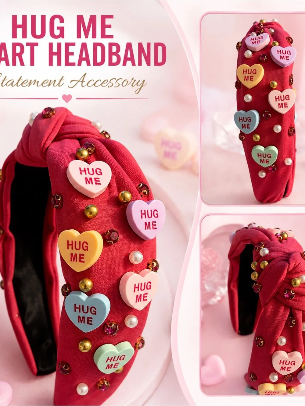 Red Valentines Day Embellished Heart Headband with 'Hug Me' Accents